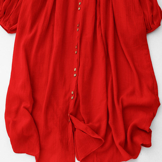 Buddha Stones Spring Red Ethnic Women's Cotton Linen Long Lantern Sleeve Shirt Cardigan