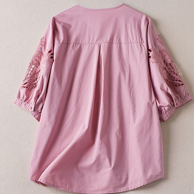 Buddha Stones Spring Printing Hollow Embroidery Half Sleeve Design Women's Shirt