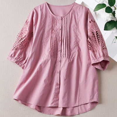 Buddha Stones Spring Printing Hollow Embroidery Half Sleeve Design Women's Shirt