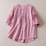 Buddha Stones Spring Printing Hollow Embroidery Half Sleeve Design Women's Shirt
