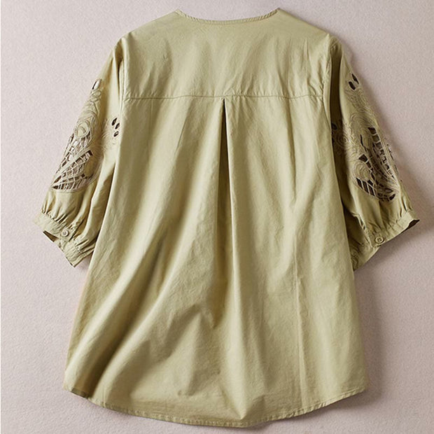 Buddha Stones Spring Printing Hollow Embroidery Half Sleeve Design Women's Shirt