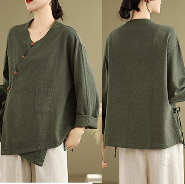 Buddha Stones Spring Asymmetrical Plain Chinese Frog-Button Lace-Up Design V-Neck Zen Women's Long Sleeve Cotton Linen Shirt With Pocket