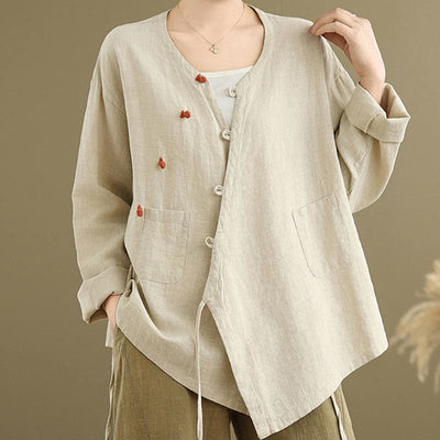 Buddha Stones Spring Asymmetrical Plain Chinese Frog-Button Lace-Up Design V-Neck Zen Women's Long Sleeve Cotton Linen Shirt With Pocket