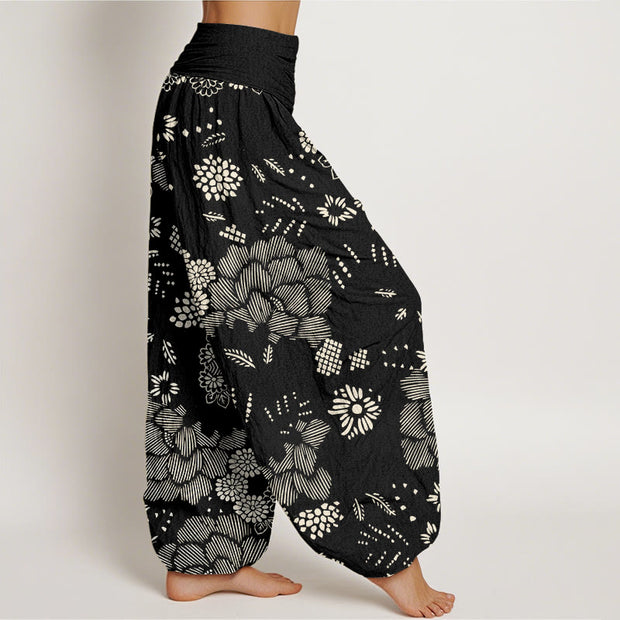Buddha Stones Casual Floral Line Design Pattern Women's Elastic Waist Harem Pants