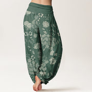 Buddha Stones Casual Floral Line Design Pattern Women's Elastic Waist Harem Pants