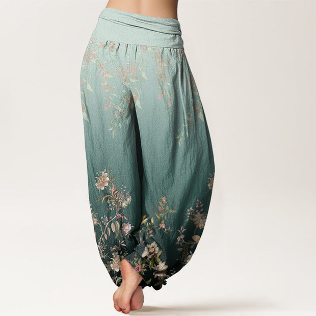 Buddha Stones Casual Gradient Delicate Floral Leaf Pattern Women's Elastic Waist Harem Pants - image 3