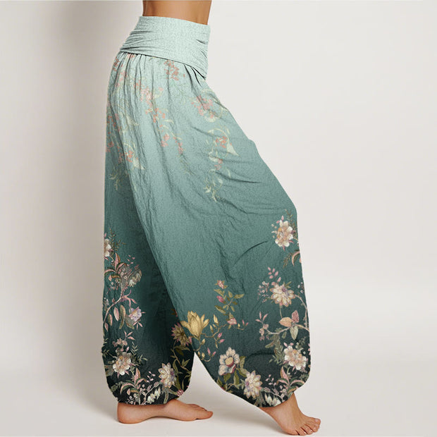 Buddha Stones Casual Gradient Delicate Floral Leaf Pattern Women's Elastic Waist Harem Pants