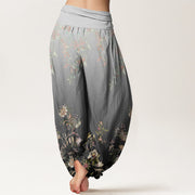 Buddha Stones Casual Gradient Delicate Floral Leaf Pattern Women's Elastic Waist Harem Pants