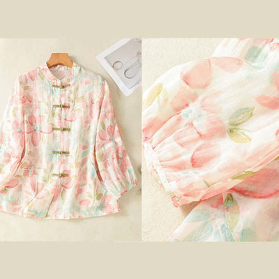 Buddha Stones Printing Chinese Frog-Button Flower Pattern Women's Long Sleeve Cotton Linen Shirt Cardigan With Pockets