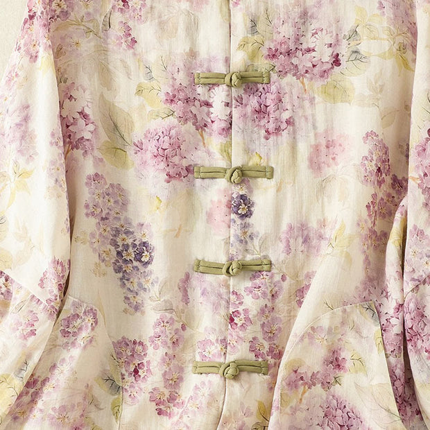 Buddha Stones Printing Chinese Frog-Button Flower Pattern Women's Long Sleeve Cotton Linen Shirt Cardigan With Pockets