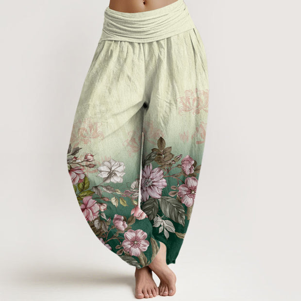 Buddha Stones Casual Gradient Petals Leaves Pattern Women's Elastic Waist Harem Pants
