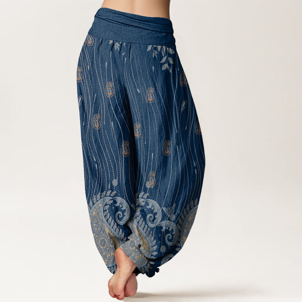 Buddha Stones Casual Paisley Plant Leaves Wavy Line Pattern Women's Elastic Waist Harem Pants