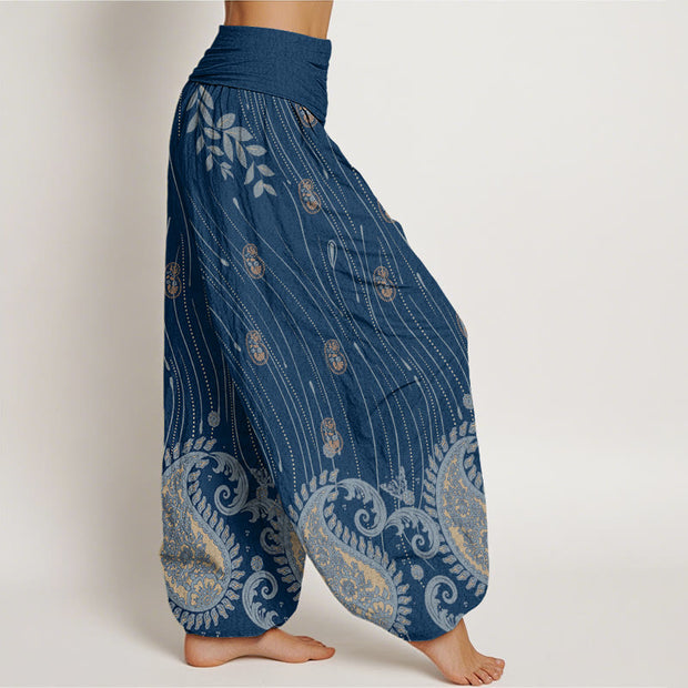 Buddha Stones Casual Paisley Plant Leaves Wavy Line Pattern Women's Elastic Waist Harem Pants
