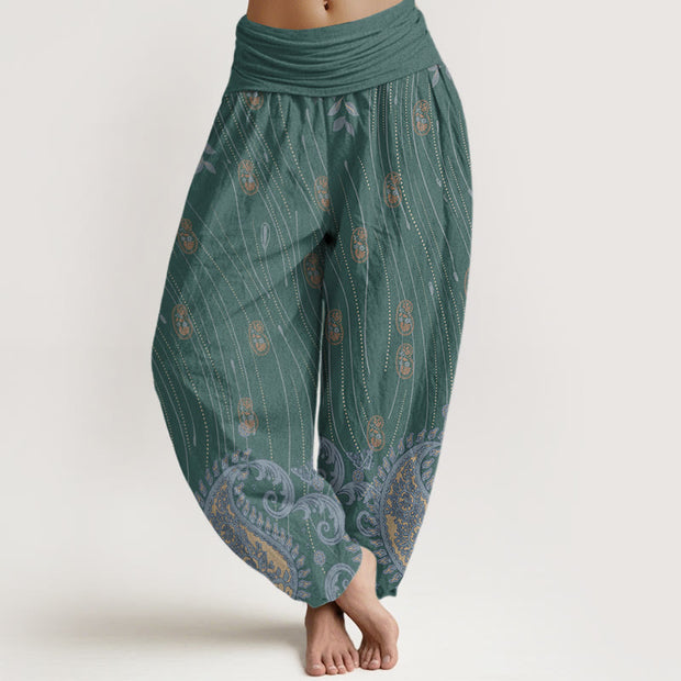 Buddha Stones Casual Paisley Plant Leaves Wavy Line Pattern Women's Elastic Waist Harem Pants - DarkCyan - US22，UK/AU26，EU54 (6XL) - image 5