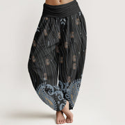 Buddha Stones Casual Paisley Plant Leaves Wavy Line Pattern Women's Elastic Waist Harem Pants