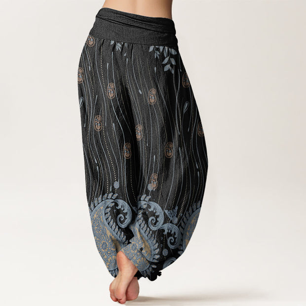 Buddha Stones Casual Paisley Plant Leaves Wavy Line Pattern Women's Elastic Waist Harem Pants - image 10