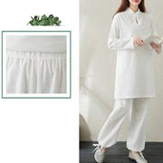 Buddha Stones 2pcs Solid Color Frog-Button Stand Collar Design Long Sleeve Shirt Top Elastic Waist Pants Meditation Zen Tai Chi Cotton Linen Clothing Women's Set