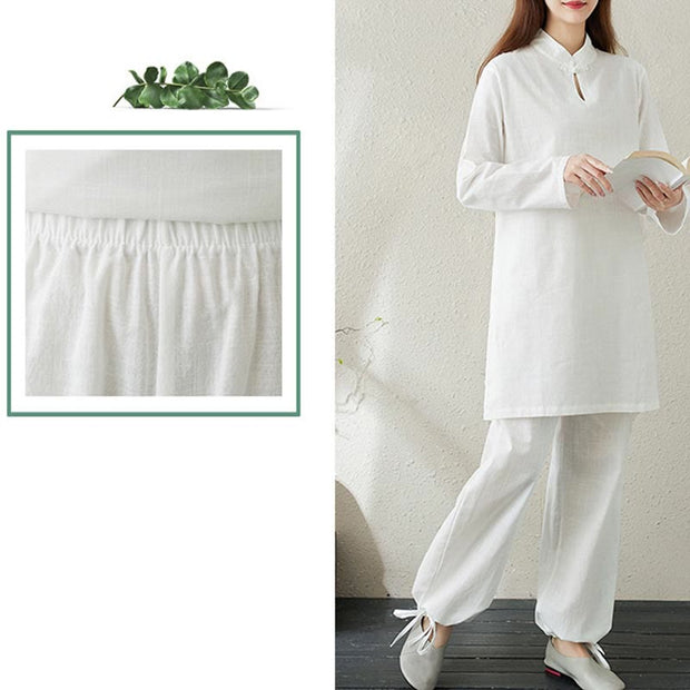 Buddha Stones 2pcs Solid Color Frog-Button Stand Collar Design Long Sleeve Shirt Top Elastic Waist Pants Meditation Zen Tai Chi Cotton Linen Clothing Women's Set