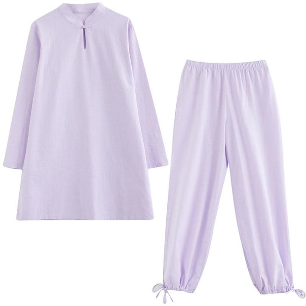 Buddha Stones 2pcs Solid Color Frog-Button Stand Collar Design Long Sleeve Shirt Top Elastic Waist Pants Meditation Zen Tai Chi Cotton Linen Clothing Women's Set
