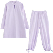 Buddha Stones 2pcs Solid Color Frog-Button Stand Collar Design Long Sleeve Shirt Top Elastic Waist Pants Meditation Zen Tai Chi Clothing Women's Set