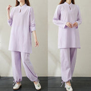 Buddha Stones 2pcs Solid Color Frog-Button Stand Collar Design Long Sleeve Shirt Top Elastic Waist Pants Meditation Zen Tai Chi Cotton Linen Clothing Women's Set