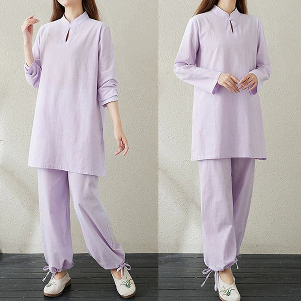 Buddha Stones 2pcs Solid Color Frog-Button Stand Collar Design Long Sleeve Shirt Top Elastic Waist Pants Meditation Zen Tai Chi Cotton Linen Clothing Women's Set