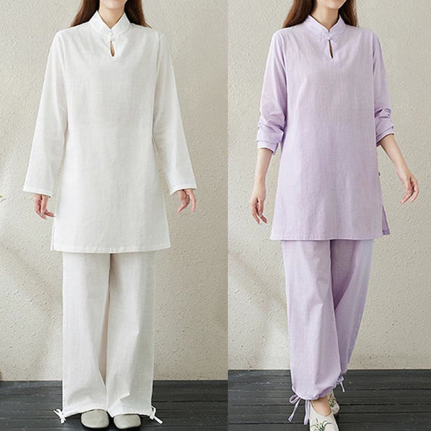 Buddha Stones 2pcs Solid Color Frog-Button Stand Collar Design Long Sleeve Shirt Top Elastic Waist Pants Meditation Zen Tai Chi Clothing Women's Set