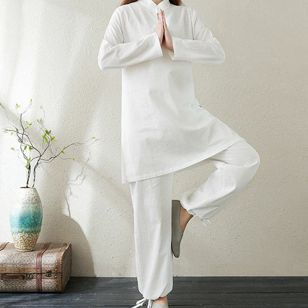 Buddha Stones 2pcs Solid Color Frog-Button Stand Collar Design Long Sleeve Shirt Top Elastic Waist Pants Meditation Zen Tai Chi Cotton Linen Clothing Women's Set