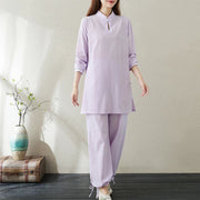 Buddha Stones 2pcs Solid Color Frog-Button Stand Collar Design Long Sleeve Shirt Top Elastic Waist Pants Meditation Zen Tai Chi Cotton Linen Clothing Women's Set