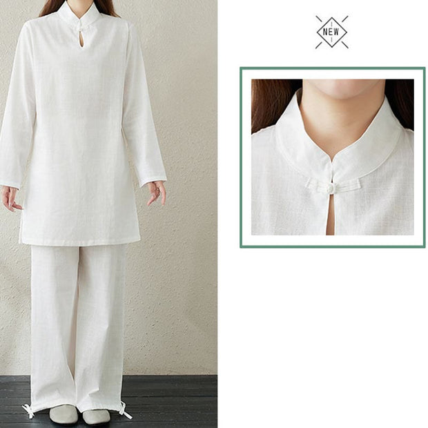 Buddha Stones 2pcs Solid Color Frog-Button Stand Collar Design Long Sleeve Shirt Top Elastic Waist Pants Meditation Zen Tai Chi Cotton Linen Clothing Women's Set