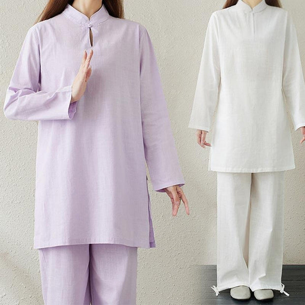 Buddha Stones 2pcs Solid Color Frog-Button Stand Collar Design Long Sleeve Shirt Top Elastic Waist Pants Meditation Zen Tai Chi Clothing Women's Set