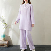 Buddha Stones 2pcs Solid Color Frog-Button Stand Collar Design Long Sleeve Shirt Top Elastic Waist Pants Meditation Zen Tai Chi Cotton Linen Clothing Women's Set
