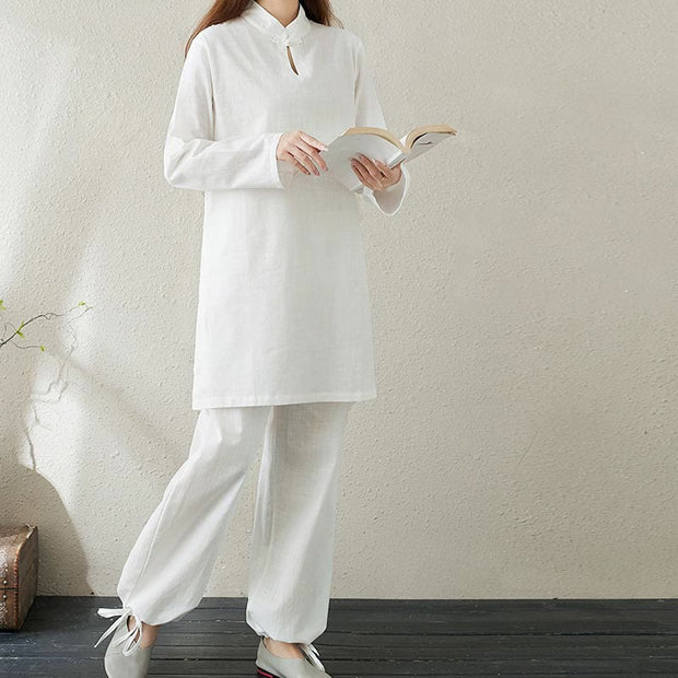 Buddha Stones 2pcs Solid Color Frog-Button Stand Collar Design Long Sleeve Shirt Top Elastic Waist Pants Meditation Zen Tai Chi Cotton Linen Clothing Women's Set