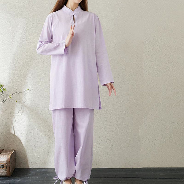 Buddha Stones 2pcs Solid Color Frog-Button Stand Collar Design Long Sleeve Shirt Top Elastic Waist Pants Meditation Zen Tai Chi Cotton Linen Clothing Women's Set