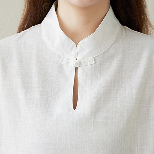 Buddha Stones 2pcs Solid Color Frog-Button Stand Collar Design Long Sleeve Shirt Top Elastic Waist Pants Meditation Zen Tai Chi Clothing Women's Set