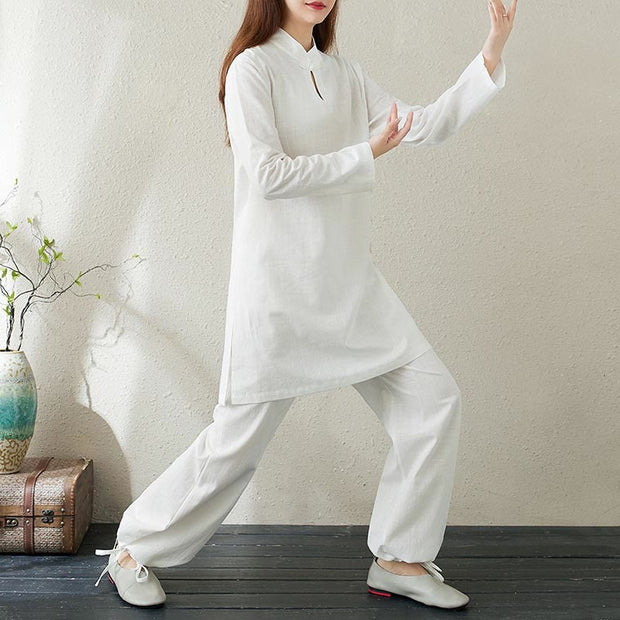Buddha Stones 2pcs Solid Color Frog-Button Stand Collar Design Long Sleeve Shirt Top Elastic Waist Pants Meditation Zen Tai Chi Clothing Women's Set