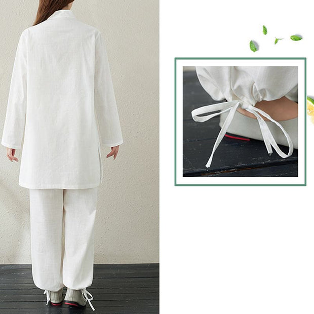 Buddha Stones 2pcs Solid Color Frog-Button Stand Collar Design Long Sleeve Shirt Top Elastic Waist Pants Meditation Zen Tai Chi Clothing Women's Set