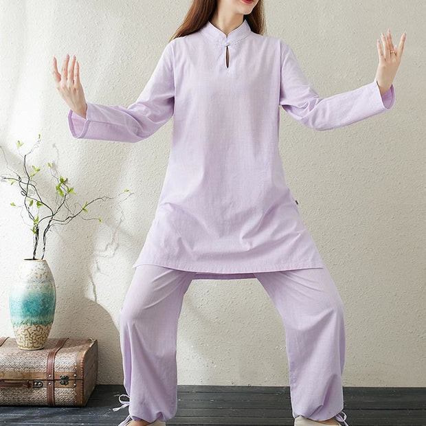 Buddha Stones 2pcs Solid Color Frog-Button Stand Collar Design Long Sleeve Shirt Top Elastic Waist Pants Meditation Zen Tai Chi Clothing Women's Set