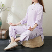 Buddha Stones 2pcs Solid Color Frog-Button Stand Collar Design Long Sleeve Shirt Top Elastic Waist Pants Meditation Zen Tai Chi Cotton Linen Clothing Women's Set