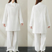 Buddha Stones 2pcs Solid Color Frog-Button Stand Collar Design Long Sleeve Shirt Top Elastic Waist Pants Meditation Zen Tai Chi Cotton Linen Clothing Women's Set