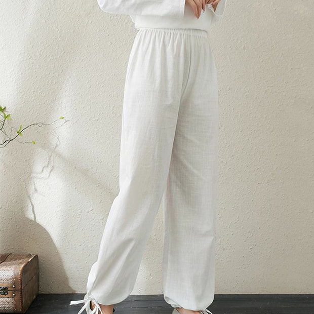 Buddha Stones 2pcs Solid Color Frog-Button Stand Collar Design Long Sleeve Shirt Top Elastic Waist Pants Meditation Zen Tai Chi Cotton Linen Clothing Women's Set