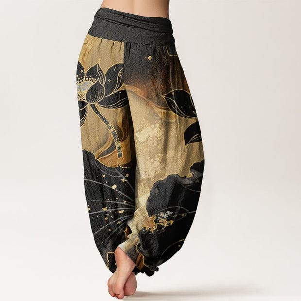 Buddha Stones Casual Lotus Petal Pattern Women's Elastic Waist Harem Pants
