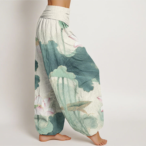 Buddha Stones Casual Lotus Petal Pods Pattern Women's Elastic Waist Harem Pants