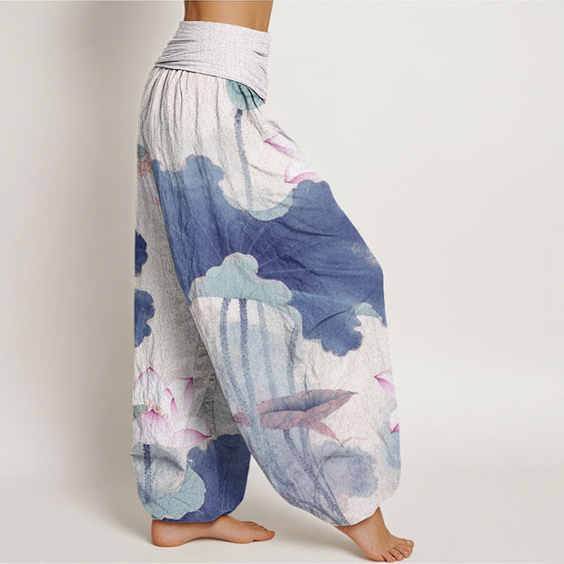 Buddha Stones Casual Lotus Petal Pods Pattern Women's Elastic Waist Harem Pants