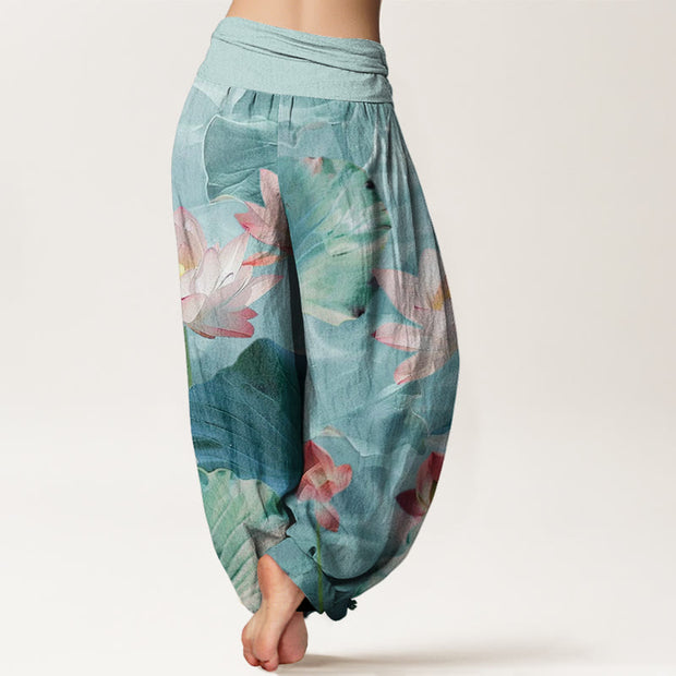 Buddha Stones Casual Lotus Petal Pond Pattern Women's Elastic Waist Harem Pants