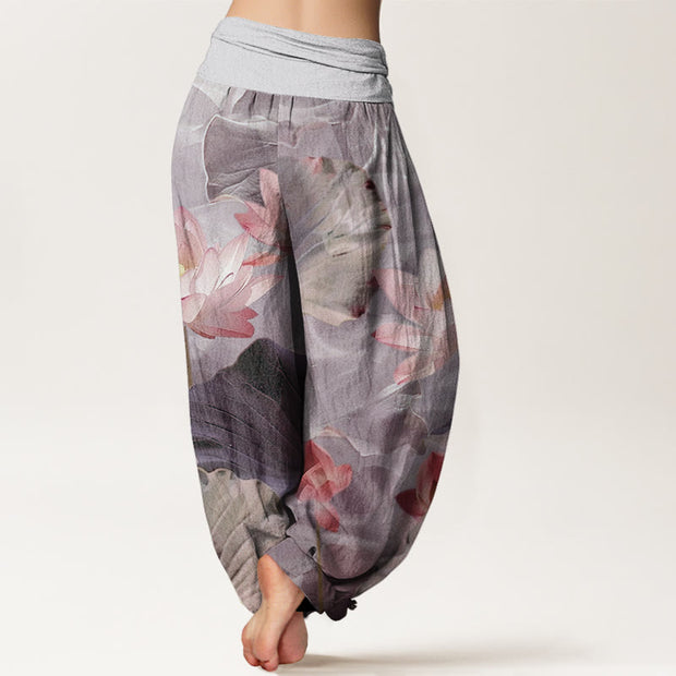 Buddha Stones Casual Lotus Petal Pond Pattern Women's Elastic Waist Harem Pants