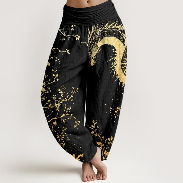 Buddha Stones Casual Dragon Ancient Tree Pattern Women's Elastic Waist Harem Pants