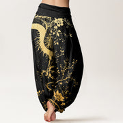 Buddha Stones Casual Dragon Flower Leaf Pattern Women's Elastic Waist Harem Pants - image 3