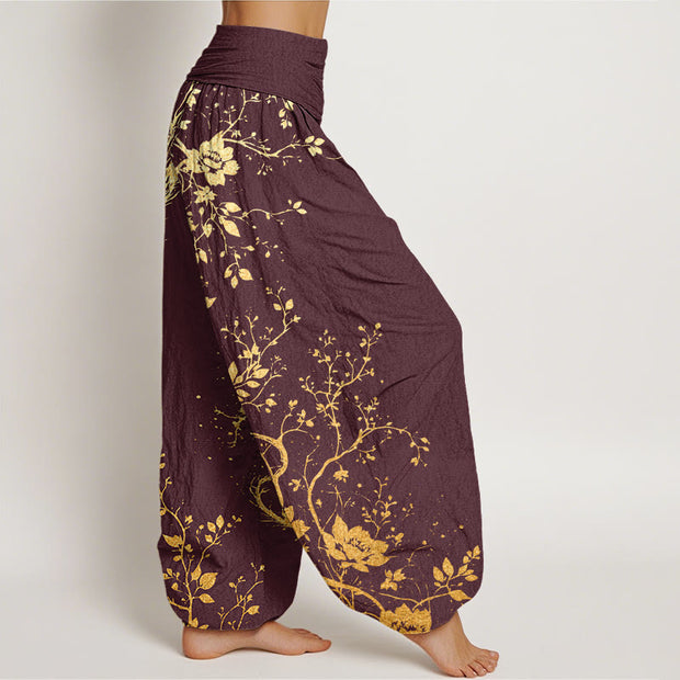 Buddha Stones Casual Dragon Flower Leaf Pattern Women's Elastic Waist Harem Pants - image 6