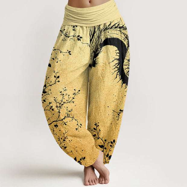 Buddha Stones Casual Dragon Flower Leaf Pattern Women's Elastic Waist Harem Pants
